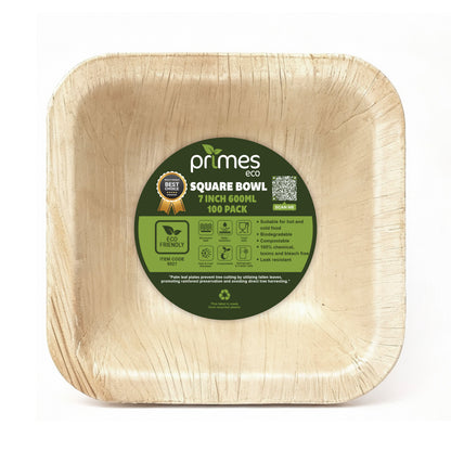 Square Disposable Palm Leaf Bowls, Biodegradable & Compostable, Natural Areca Tableware for Hot & Cold Food, Soup, Salad, Dessert, BBQ, Picnic & Parties (25, 7 Inch)