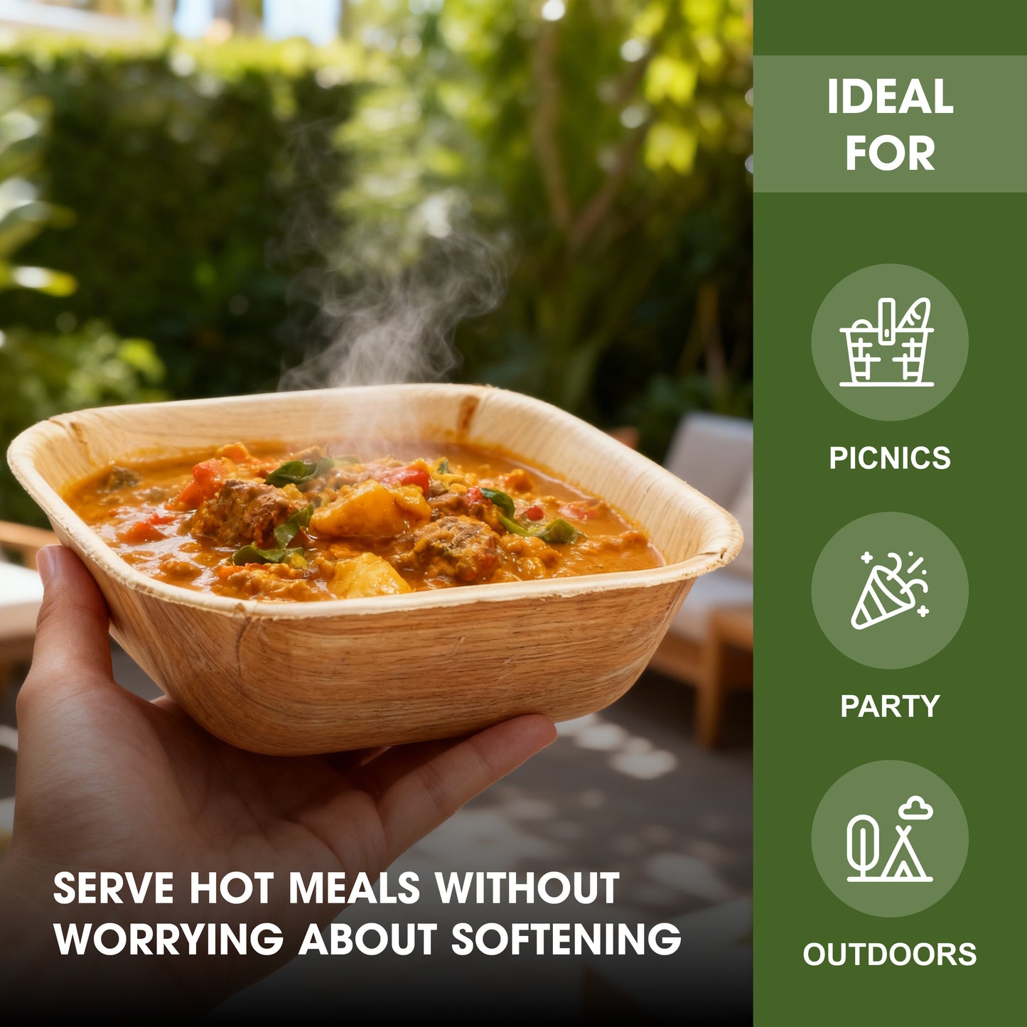 Square Disposable Palm Leaf Bowls, Biodegradable & Compostable, Natural Areca Tableware for Hot & Cold Food, Soup, Salad, Dessert, BBQ, Picnic & Parties (8 Inch)