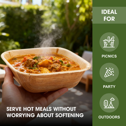 Square Disposable Palm Leaf Bowls, Biodegradable & Compostable, Natural Areca Tableware for Hot & Cold Food, Soup, Salad, Dessert, BBQ, Picnic & Parties (8 Inch)