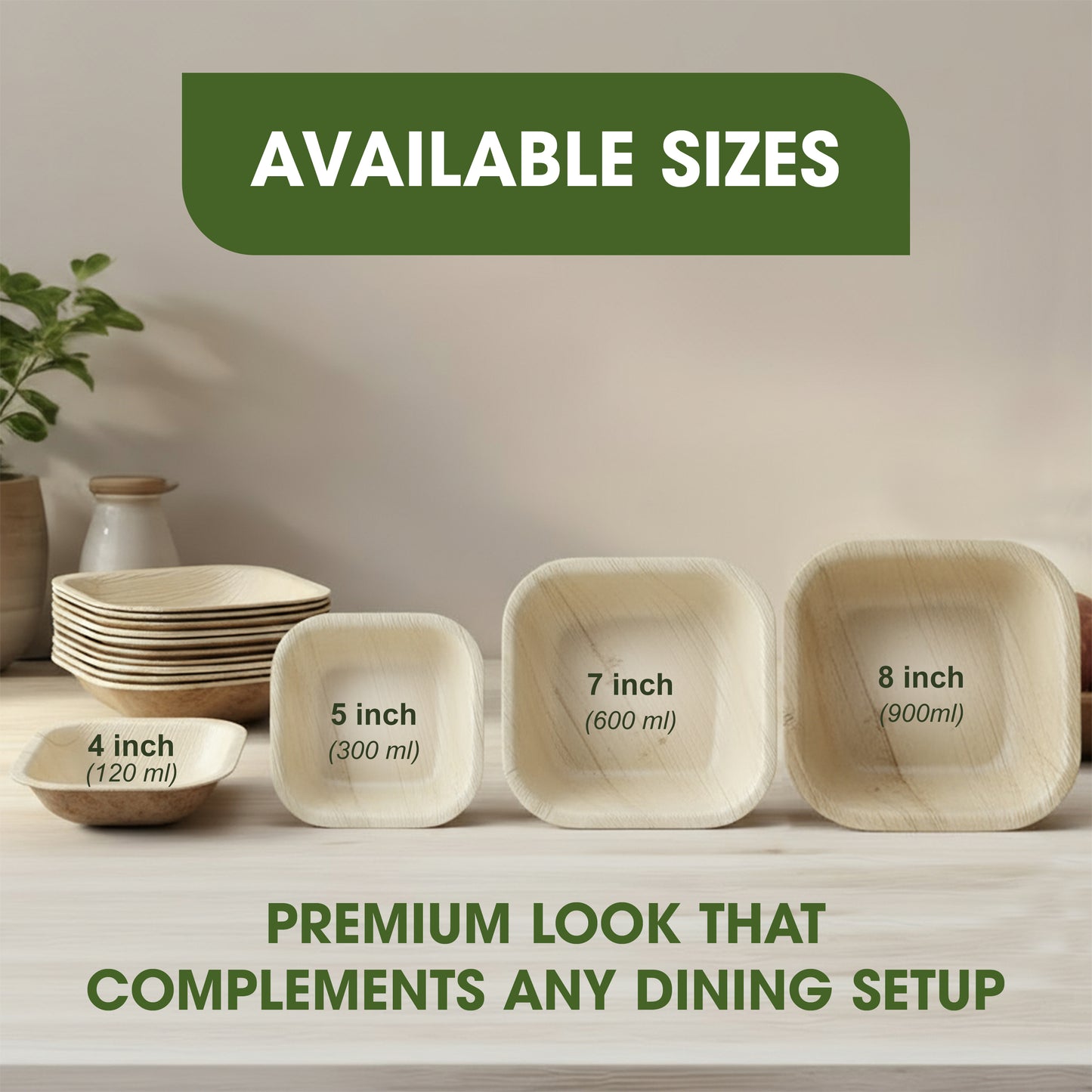 Square Disposable Palm Leaf Bowls, Biodegradable & Compostable, Natural Areca Tableware for Hot & Cold Food, Soup, Salad, Dessert, BBQ, Picnic & Parties (8 Inch)