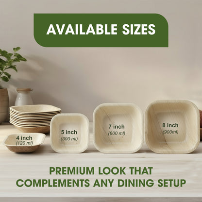 Square Disposable Palm Leaf Bowls, Biodegradable & Compostable, Natural Areca Tableware for Hot & Cold Food, Soup, Salad, Dessert, BBQ, Picnic & Parties (8 Inch)