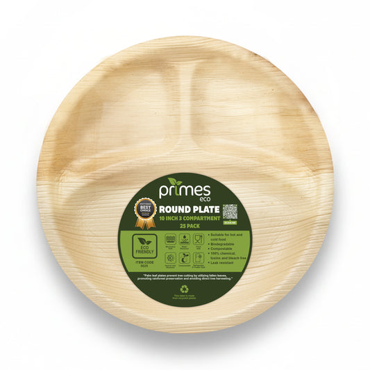 Leaf 10" Compostable Round 3 Compartment Palm Leaf Plates