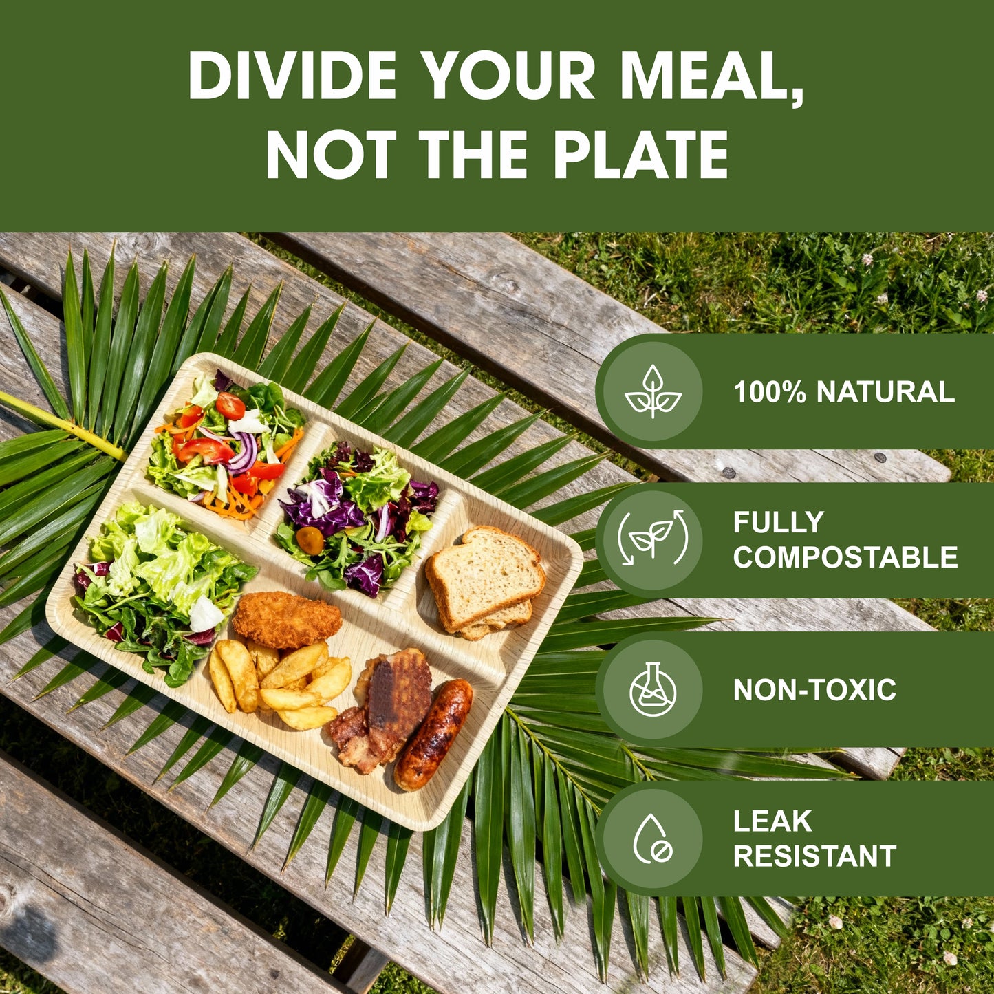 Palm Leaf 4-Compartment Plates – 12 x 9.5 inch
