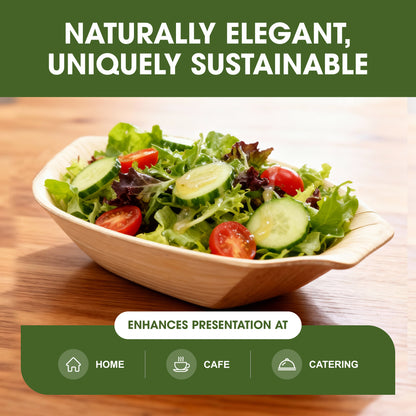 400ml Palm Leaf Boat Serving Trays – Natural Eco-Friendly Disposable Tableware, Biodegradable, Compostable, Microwave & Freezer Safe Plates for Hot & Cold Food