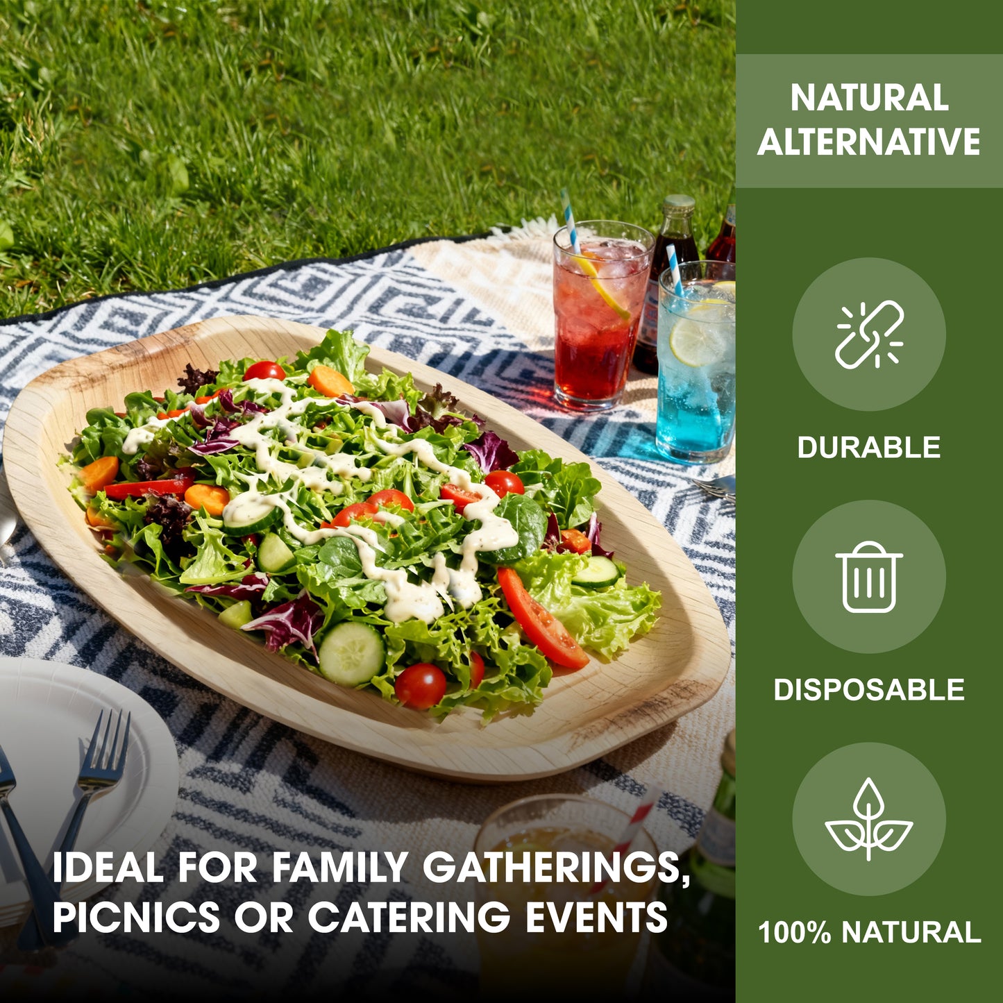 Disposable Palm Leaf Oval Serving Trays Large 15x10 inch, Eco Friendly Biodegradable Wooden Plates for Platters, Starters, Parties, Catering & Charcuterie Board