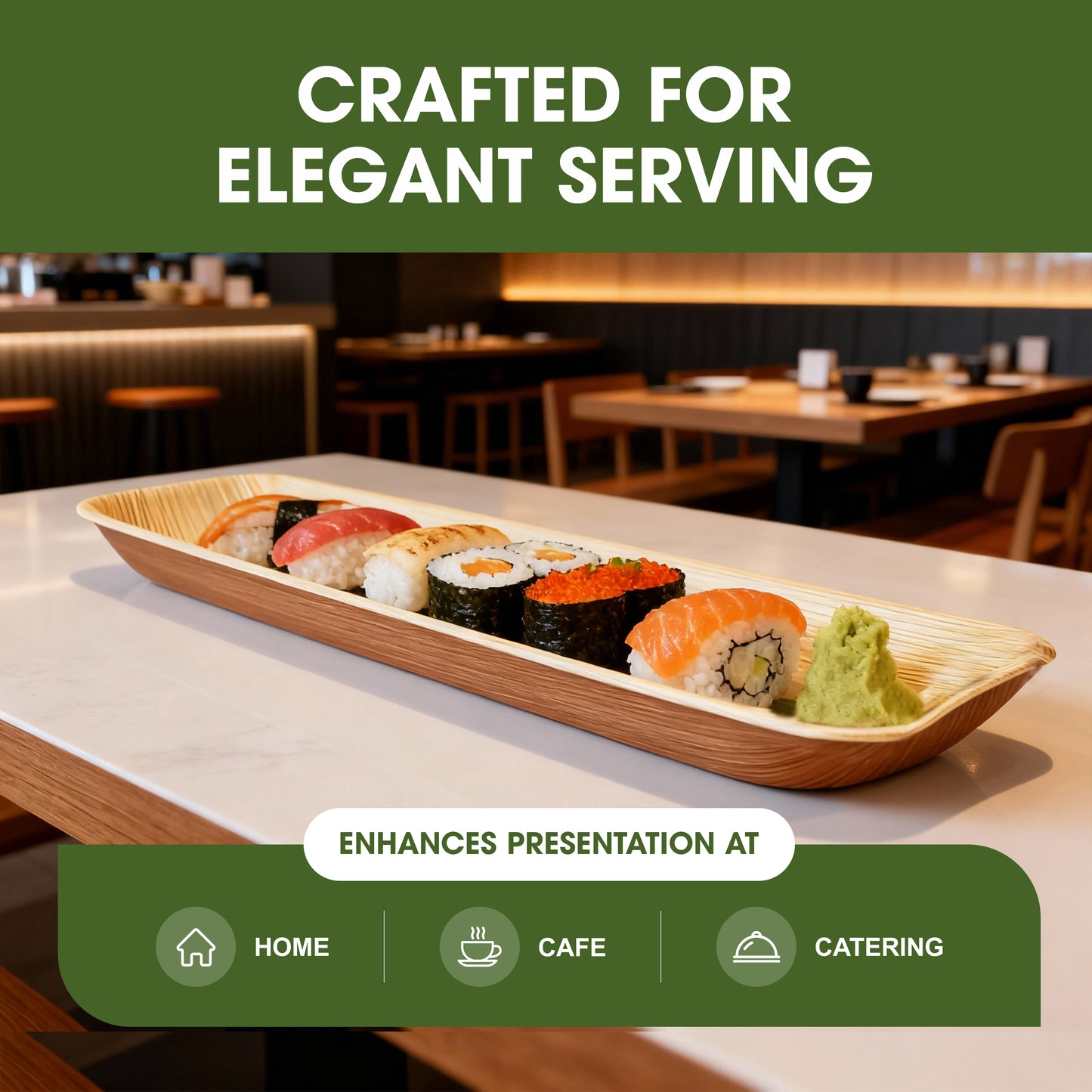 Disposable Palm Leaf Serving Trays 15"x3", Long Rectangular Plates for Sushi, Appetizers, Charcuterie, Wedding Party Snacks, Hot Food Platters, Biodegradable Wooden-Style Boards