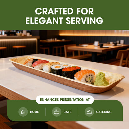 Disposable Palm Leaf Serving Trays 15"x3", Long Rectangular Plates for Sushi, Appetizers, Charcuterie, Wedding Party Snacks, Hot Food Platters, Biodegradable Wooden-Style Boards