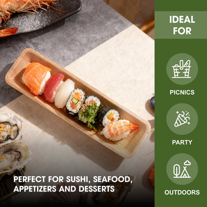 Disposable Palm Leaf Serving Trays 15"x3", Long Rectangular Plates for Sushi, Appetizers, Charcuterie, Wedding Party Snacks, Hot Food Platters, Biodegradable Wooden-Style Boards