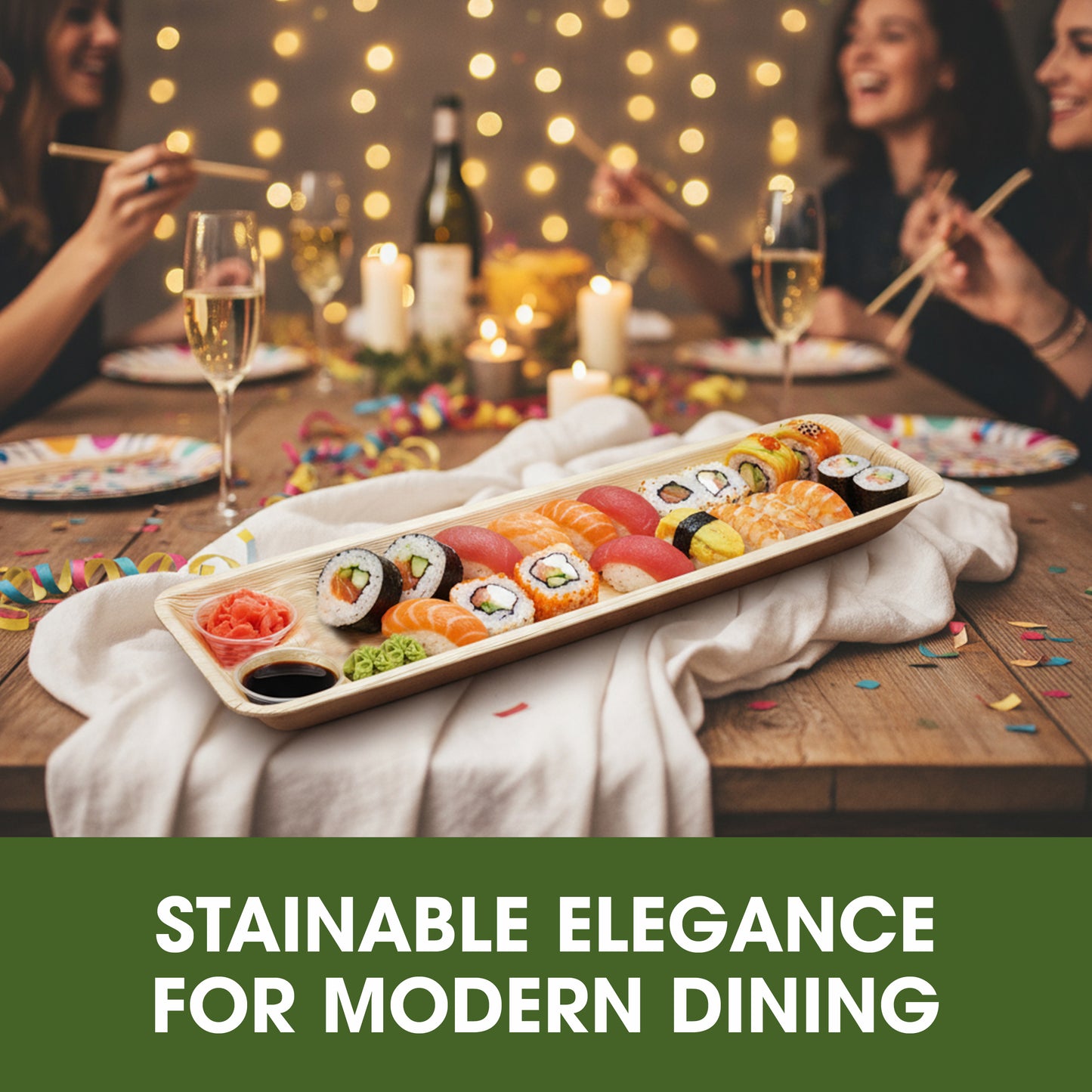 Disposable Palm Leaf Serving Trays 15"x3", Long Rectangular Plates for Sushi, Appetizers, Charcuterie, Wedding Party Snacks, Hot Food Platters, Biodegradable Wooden-Style Boards