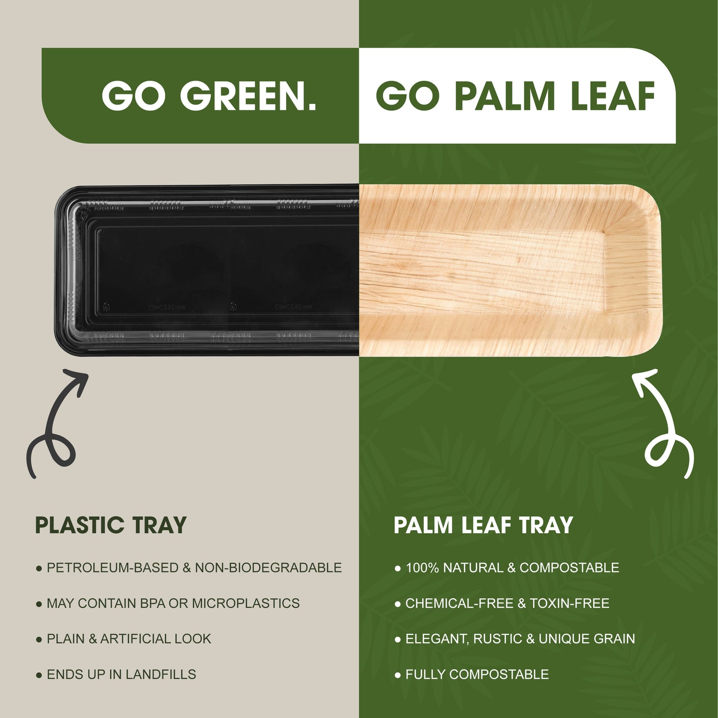 Disposable Palm Leaf Serving Trays 15"x3", Long Rectangular Plates for Sushi, Appetizers, Charcuterie, Wedding Party Snacks, Hot Food Platters, Biodegradable Wooden-Style Boards