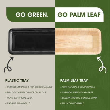 Disposable Palm Leaf Serving Trays 15"x3", Long Rectangular Plates for Sushi, Appetizers, Charcuterie, Wedding Party Snacks, Hot Food Platters, Biodegradable Wooden-Style Boards