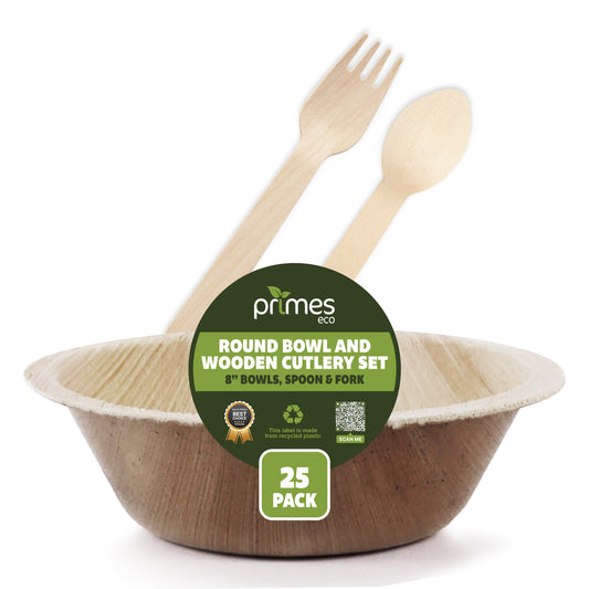 Disposable Palm Leaf 8 Inch 900ml Round Bowls with Wooden Spoon & Fork Combo Set for Parties, Catering, Events, Strong Disposable Palm Leaf Bowls for Hot & Cold Foods
