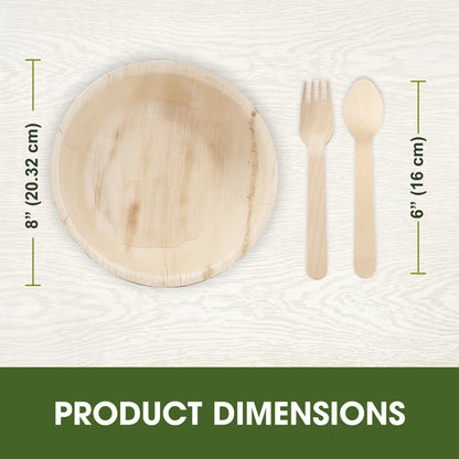 Disposable Palm Leaf 8 Inch 900ml Round Bowls with Wooden Spoon & Fork Combo Set for Parties, Catering, Events, Strong Disposable Palm Leaf Bowls for Hot & Cold Foods