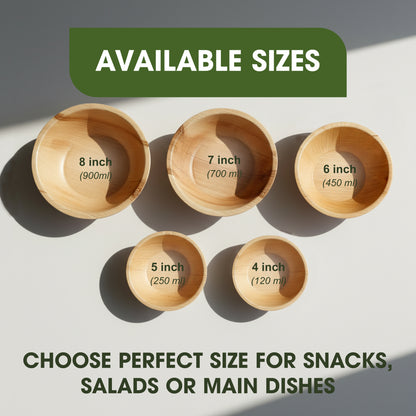 PRIMES ECO 8 Inch - Disposable Palm Leaf Round Bowls, Small Compostable Bowls, Soup Salad Bowl, Eco Friendly & Biodegradable Heavy-Duty Bowl for Wedding, Microwave & Oven Safe, Party, Picnic