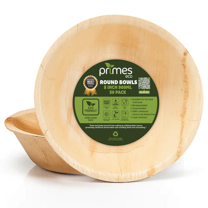 PRIMES ECO 8 Inch - Disposable Palm Leaf Round Bowls, Small Compostable Bowls, Soup Salad Bowl, Eco Friendly & Biodegradable Heavy-Duty Bowl for Wedding, Microwave & Oven Safe, Party, Picnic