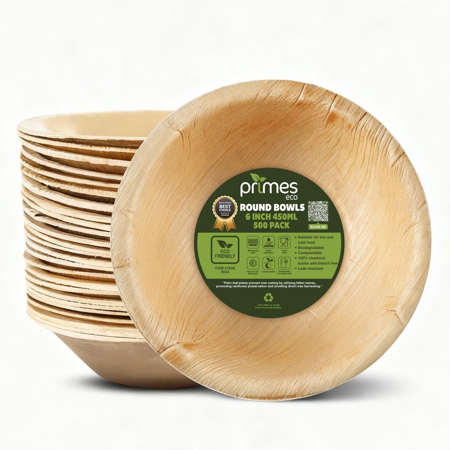 PRIMES ECO 6 Inch - Disposable Palm Leaf Round Bowls, Small Compostable Bowls, Soup Salad Bowl, Eco Friendly & Biodegradable Heavy-Duty Bowl for Wedding, Microwave & Oven Safe, Party, Picnic