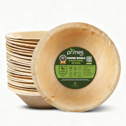 PRIMES ECO 6 Inch - Disposable Palm Leaf Round Bowls, Small Compostable Bowls, Soup Salad Bowl, Eco Friendly & Biodegradable Heavy-Duty Bowl for Wedding, Microwave & Oven Safe, Party, Picnic