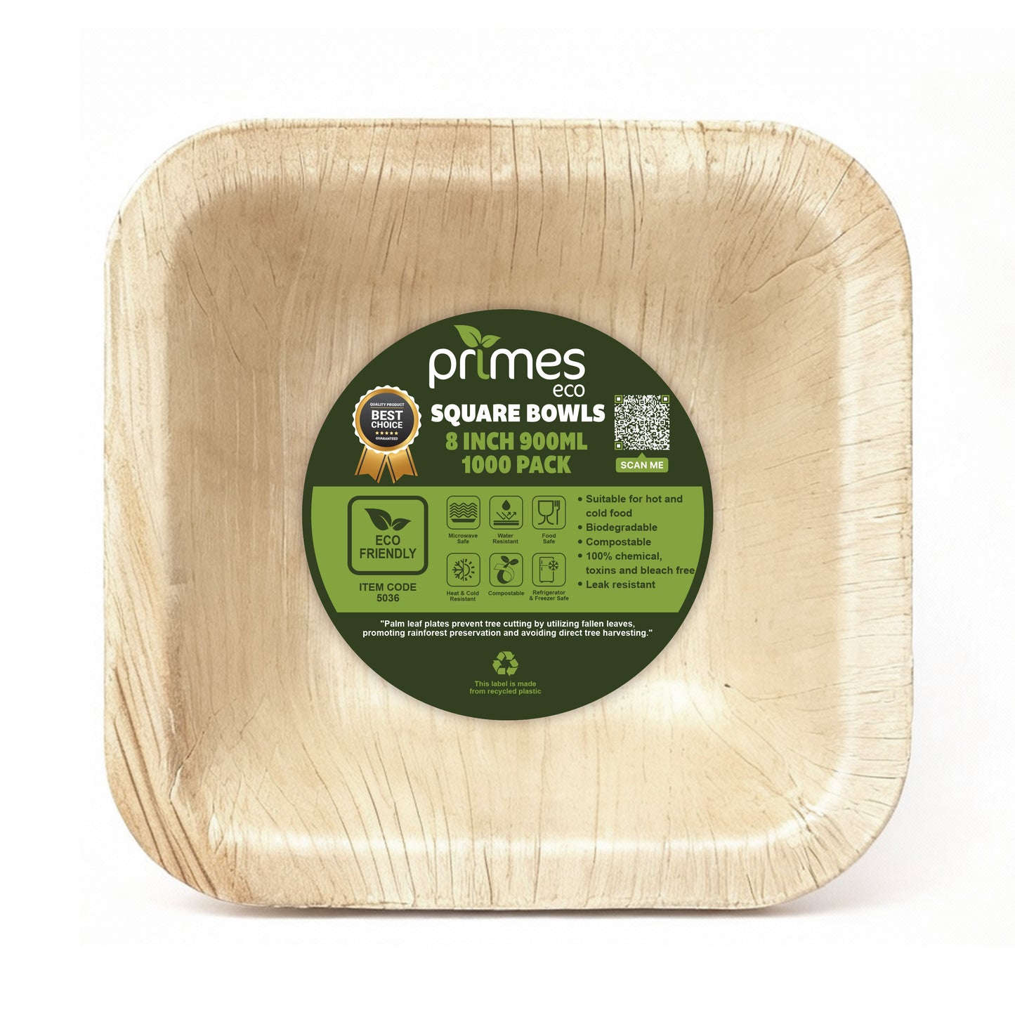 Square Disposable Palm Leaf Bowls, Biodegradable & Compostable, Natural Areca Tableware for Hot & Cold Food, Soup, Salad, Dessert, BBQ, Picnic & Parties (8 Inch)