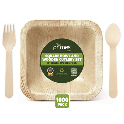 Disposable Palm Leaf 8 Inch 900ml Square Bowls with Wooden Spoon & Fork Set, Strong Disposable Palm Leaf Bowls for Parties, Catering, Events & Everyday Use