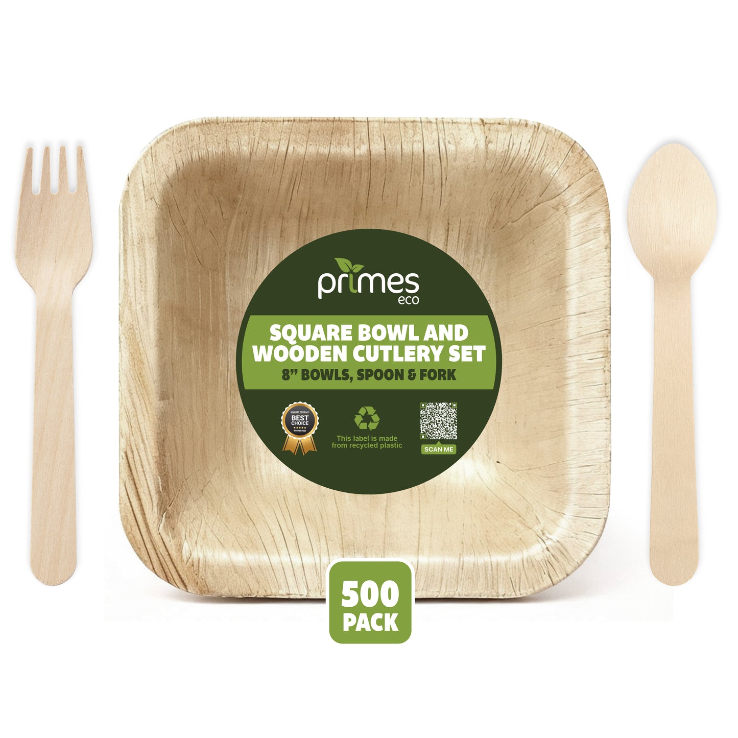 Disposable Palm Leaf 8 Inch 900ml Square Bowls with Wooden Spoon & Fork Set, Strong Disposable Palm Leaf Bowls for Parties, Catering, Events & Everyday Use