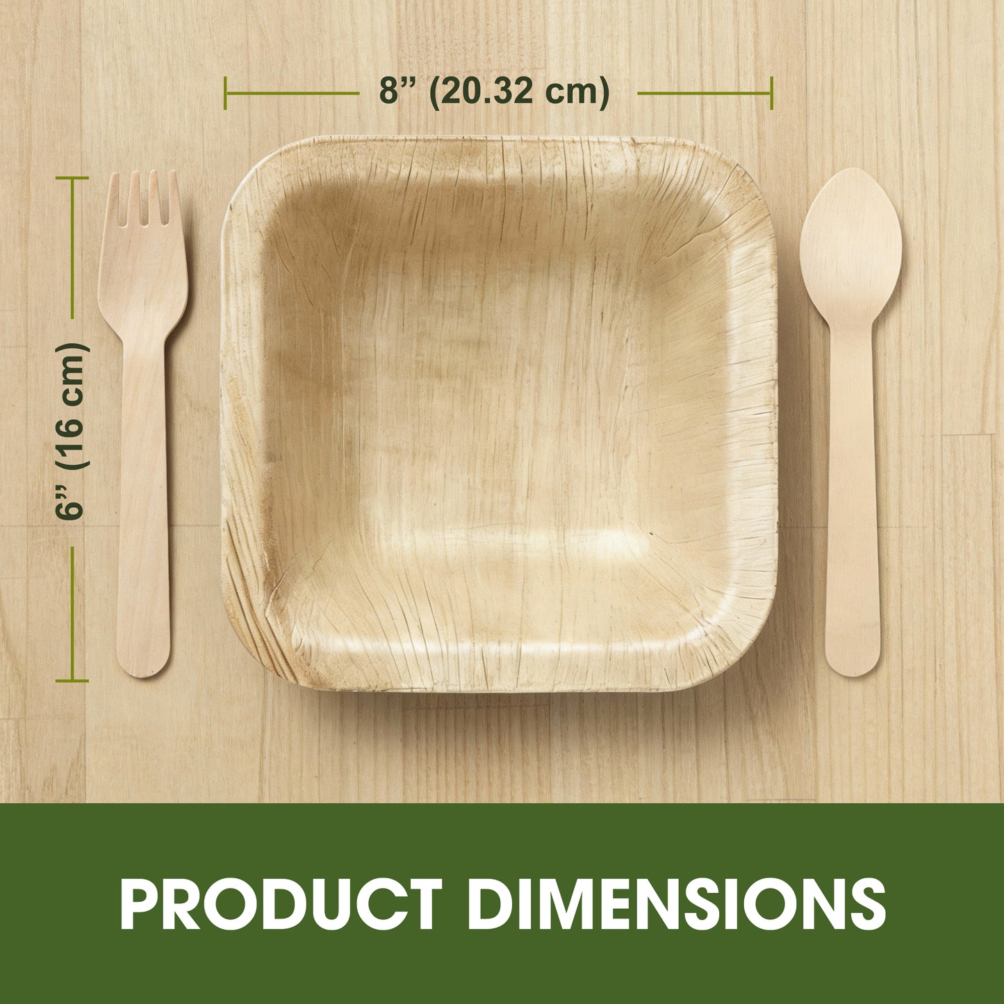 Disposable Palm Leaf 8 Inch 900ml Square Bowls with Wooden Spoon & Fork Set, Strong Disposable Palm Leaf Bowls for Parties, Catering, Events & Everyday Use