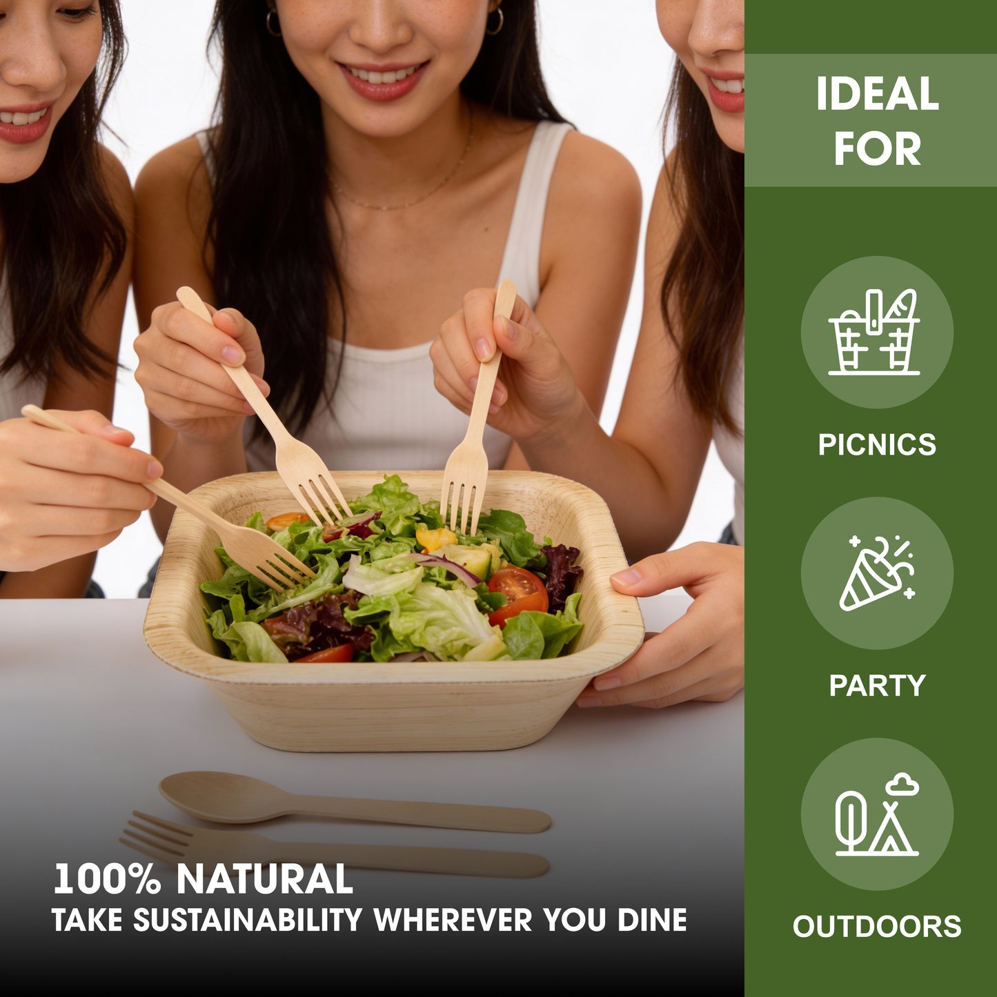 Disposable Palm Leaf 8 Inch 900ml Square Bowls with Wooden Spoon & Fork Set, Strong Disposable Palm Leaf Bowls for Parties, Catering, Events & Everyday Use