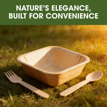 Disposable Palm Leaf 8 Inch 900ml Square Bowls with Wooden Spoon & Fork Set, Strong Disposable Palm Leaf Bowls for Parties, Catering, Events & Everyday Use