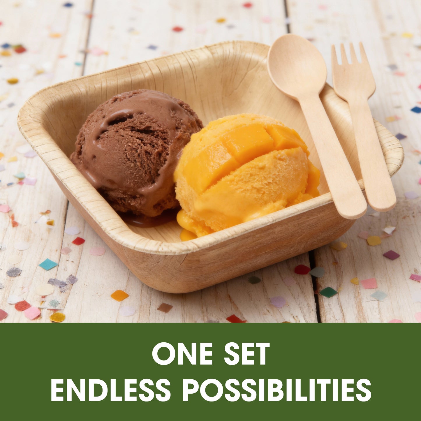 Disposable Palm Leaf 8 Inch 900ml Square Bowls with Wooden Spoon & Fork Set, Strong Disposable Palm Leaf Bowls for Parties, Catering, Events & Everyday Use