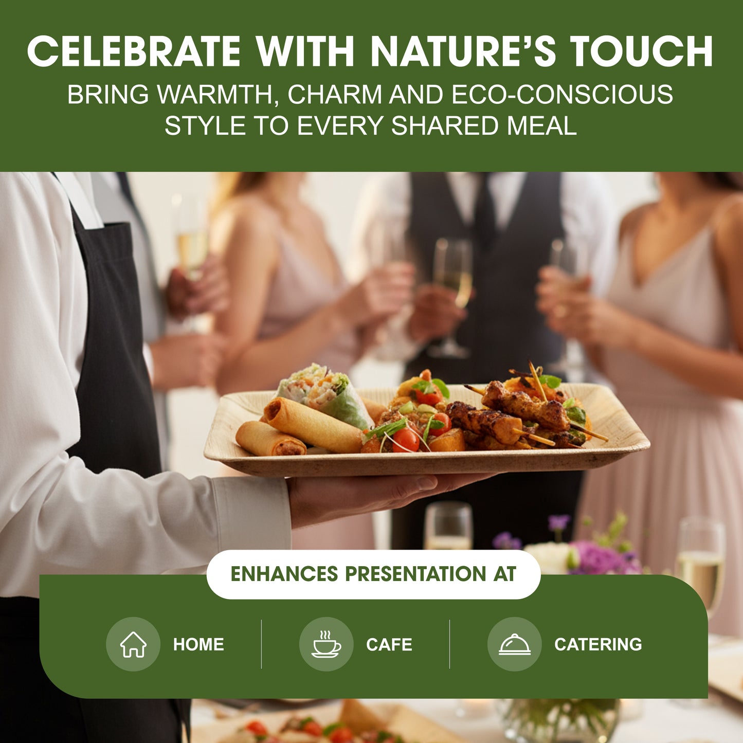 Disposable Palm Leaf Serving Trays Large, Eco Friendly Biodegradable Wooden Plates for Platters, Starters, Parties, Catering & Charcuterie Board, Hot Food Trays (13x11 inch)