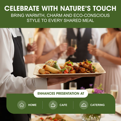 Disposable Palm Leaf Serving Trays Large, Eco Friendly Biodegradable Wooden Plates for Platters, Starters, Parties, Catering & Charcuterie Board, Hot Food Trays (13x11 inch)