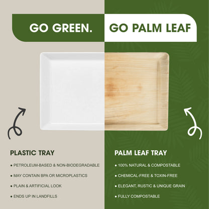 Disposable Palm Leaf Serving Trays Large, Eco Friendly Biodegradable Wooden Plates for Platters, Starters, Parties, Catering & Charcuterie Board, Hot Food Trays (13x11 inch)
