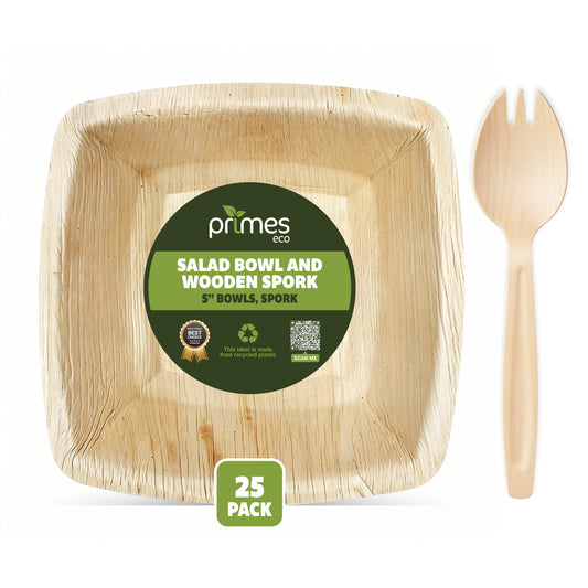 Disposable Palm Leaf 5 Inch Salad Bowls with Wooden Spork Set | Small Serving Bowls Made from Naturally Fallen Areca Palm Leaves | Ideal for Salads, Starters & Events