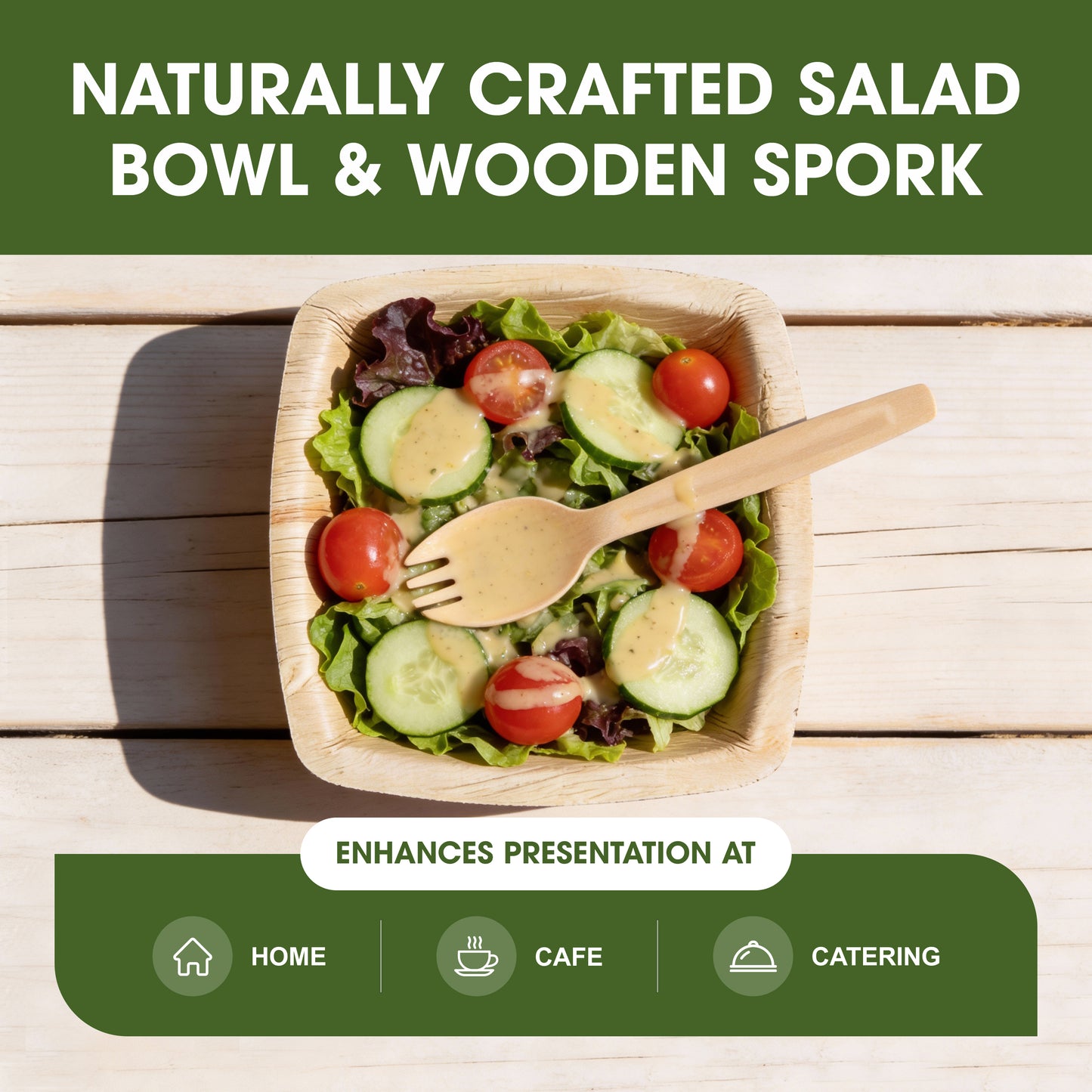 Disposable Palm Leaf 5 Inch Salad Bowls with Wooden Spork Set | Small Serving Bowls Made from Naturally Fallen Areca Palm Leaves | Ideal for Salads, Starters & Events