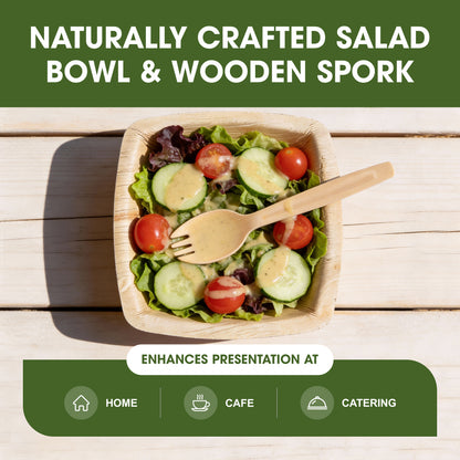 Disposable Palm Leaf 5 Inch Salad Bowls with Wooden Spork Set | Small Serving Bowls Made from Naturally Fallen Areca Palm Leaves | Ideal for Salads, Starters & Events