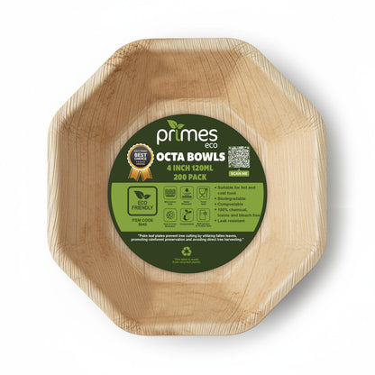 Disposable Palm Leaf Octa Bowls 4 Inch 120ml Natural Areca Leaf Bowls for Snacks & Small Salads Suitable for Parties, Buffets, Events, Catering & Food Service Use
