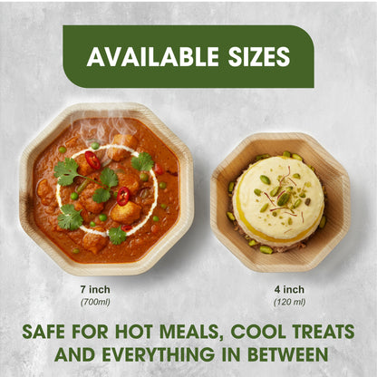 Disposable Palm Leaf Octa Bowls 4 Inch 120ml Natural Areca Leaf Bowls for Snacks & Small Salads Suitable for Parties, Buffets, Events, Catering & Food Service Use