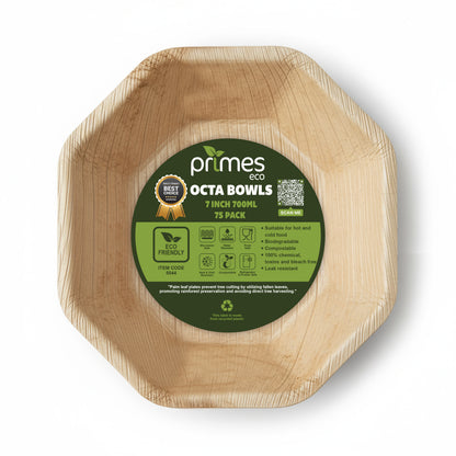 Disposable Palm Leaf Octa Bowls 7 Inch 700ml Natural Areca Leaf Serving Bowls for Salads & Meals Suitable for Parties, Buffets, Events, Catering & Professional Food Service Use