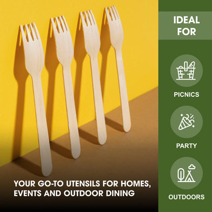 Disposable Birch Wood Wooden Forks 16cm – Sturdy Single-Use Cutlery for Parties, Catering & Events – Pair with Disposable Plates Bowls & Serving Trays (Fork | 16cm)
