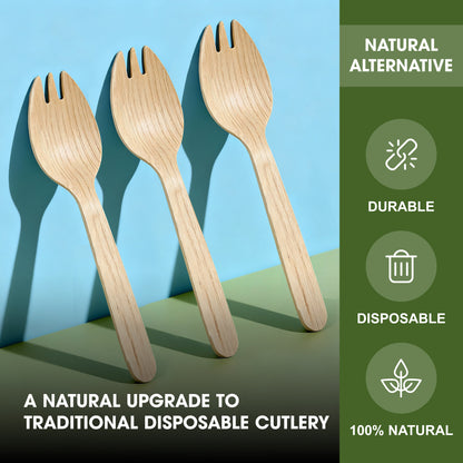 Disposable Birch Wood Spork 165mm – Single-Use Wooden Cutlery for Hot & Cold Foods, Parties, Catering, Events, Takeaway Meals, Picnic & Food Service Use (Sporks | 16.5cm)