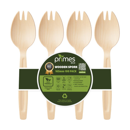 Disposable Birch Wood Spork 165mm – Single-Use Wooden Cutlery for Hot & Cold Foods, Parties, Catering, Events, Takeaway Meals, Picnic & Food Service Use (Sporks | 16.5cm)