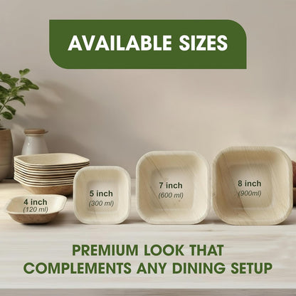 25pcs Square Disposable Palm Leaf Bowls of 5” (13cm) 19.4oz (300ml), Biodegradable & Compostable, Natural Areca Tableware for Hot & Cold Food, Soup, Salad, Dessert, BBQ, Picnic & Parties