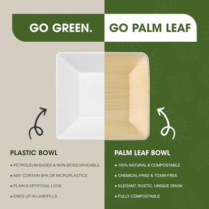 25pcs Square Disposable Palm Leaf Bowls of 5” (13cm) 19.4oz (300ml), Biodegradable & Compostable, Natural Areca Tableware for Hot & Cold Food, Soup, Salad, Dessert, BBQ, Picnic & Parties