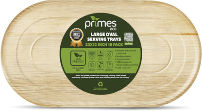 Eco-friendly 22x12 inch oval palm leaf serving tray from Primes Eco with green label.

Large oval palm leaf serving platter displaying a green Primes Eco label that highlights features such as biodegradable, compostable, leak-resistant, and suitable for hot and cold food.