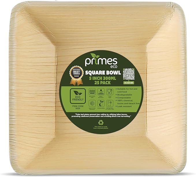 25pcs Square Disposable Palm Leaf Bowls of 5” (13cm) 19.4oz (300ml), Biodegradable & Compostable, Natural Areca Tableware for Hot & Cold Food, Soup, Salad, Dessert, BBQ, Picnic & Parties