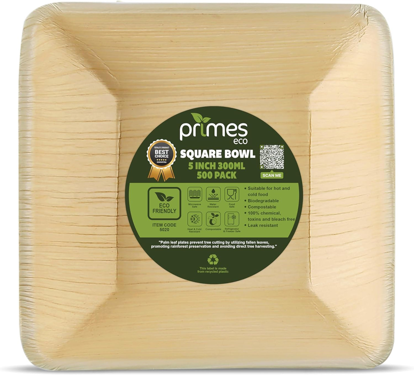 25pcs Square Disposable Palm Leaf Bowls of 5” (13cm) 19.4oz (300ml), Biodegradable & Compostable, Natural Areca Tableware for Hot & Cold Food, Soup, Salad, Dessert, BBQ, Picnic & Parties