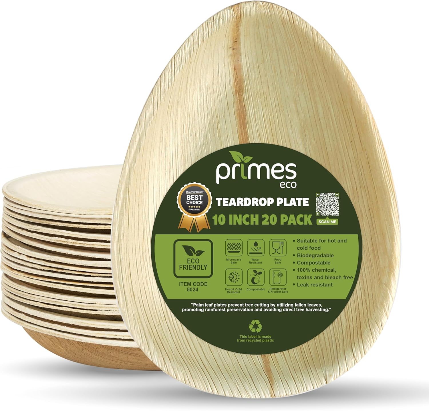 Front view of a stack of natural palm leaf teardrop plates, with the front plate displaying a green Primes Eco label showing product features such as biodegradable, compostable, and suitable for hot and cold food.