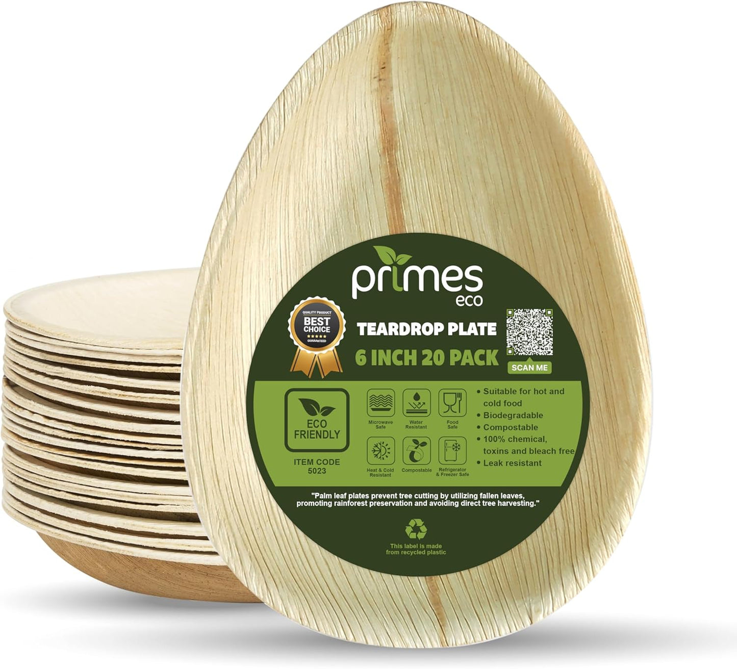 Front view of a stack of natural palm leaf teardrop plates, with the front plate displaying a green Primes Eco label showing product features such as biodegradable, compostable, and suitable for hot and cold food.
