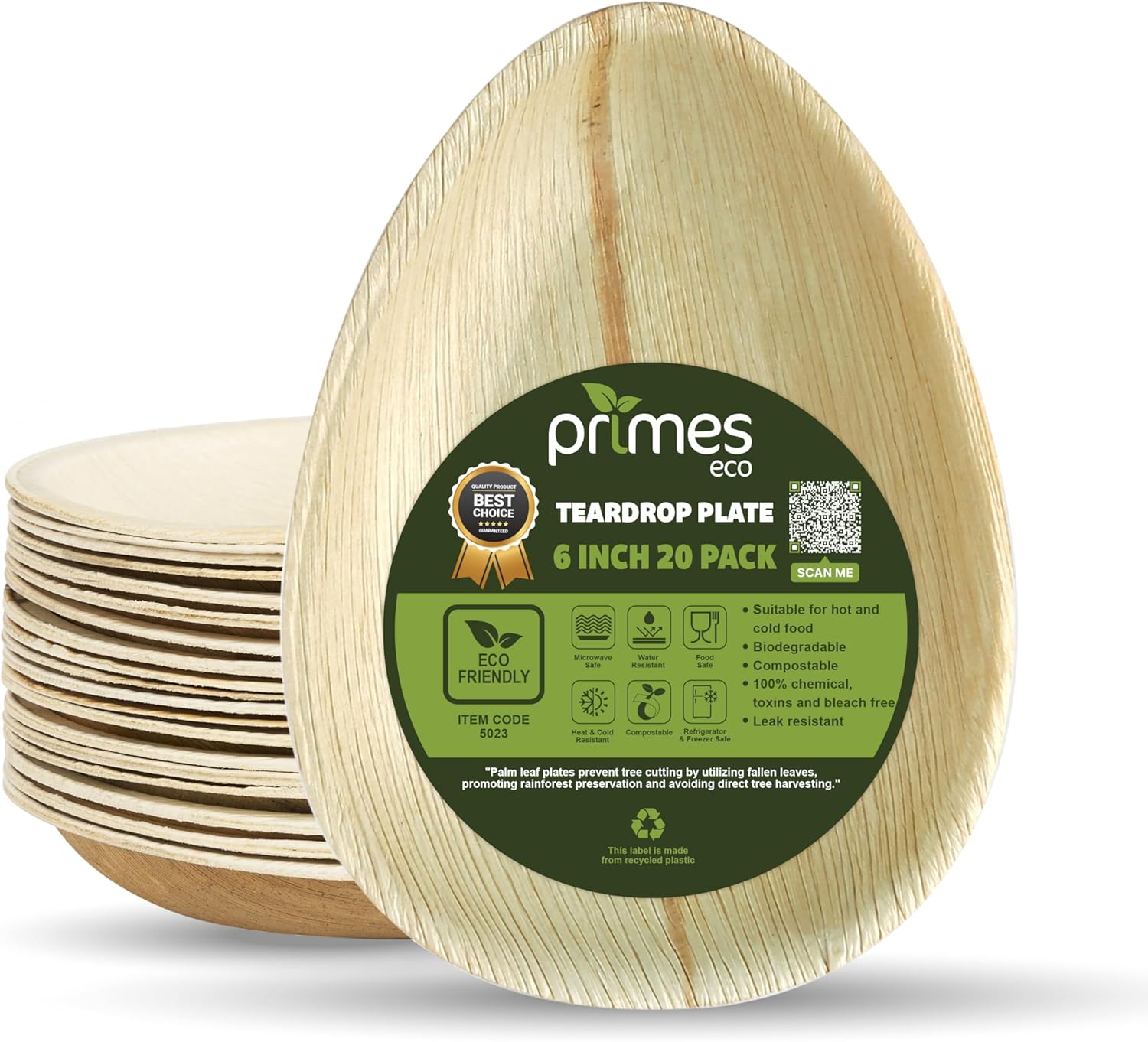 Front view of a stack of natural palm leaf teardrop plates, with the front plate displaying a green Primes Eco label showing product features such as biodegradable, compostable, and suitable for hot and cold food.