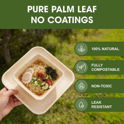 Disposable Palm Leaf Plates and Bowls Combo Set – 8 Inch Square Plates with 5 Inch 300ml Square Bowls, Sturdy Disposable Plates for Parties, Events & Catering