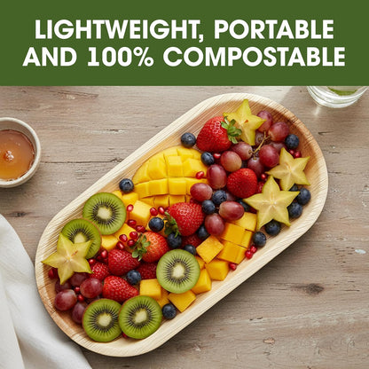 10 Disposable Palm Leaf Serving Platters – Large Oval 22″ x 12″ (56 × 30 cm) – Eco-Friendly Biodegradable Food Trays for Weddings, Parties, Canapés, Charcuterie Boards, Hot Food Servings